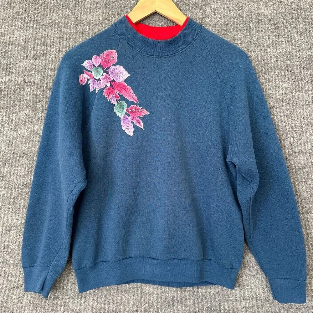 Vintage Granny Sweatshirt Womens M‎ Blue Applique Leaves Double Collar Pullover